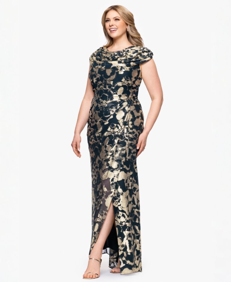 Plus Size Metallic Print Cowlneck Gown
