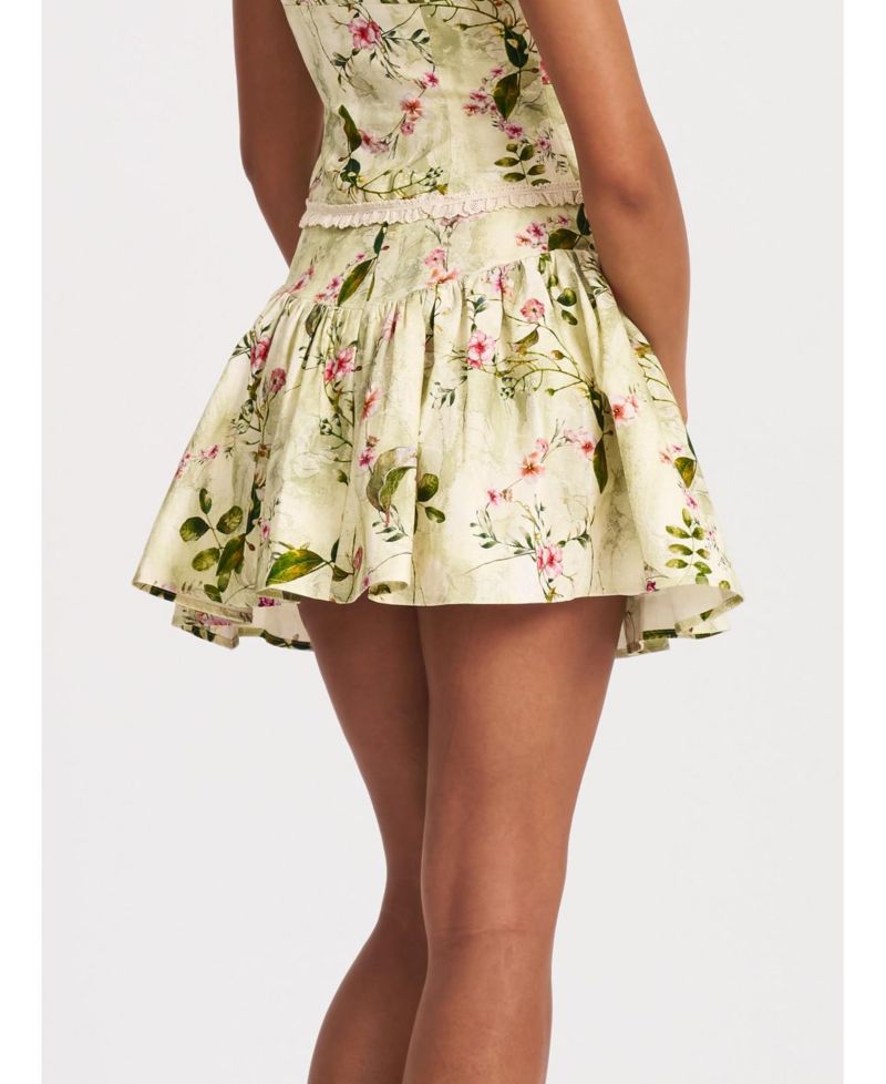 Women Zanelle Green Floral Print Drop Waist Linen Full Skirt