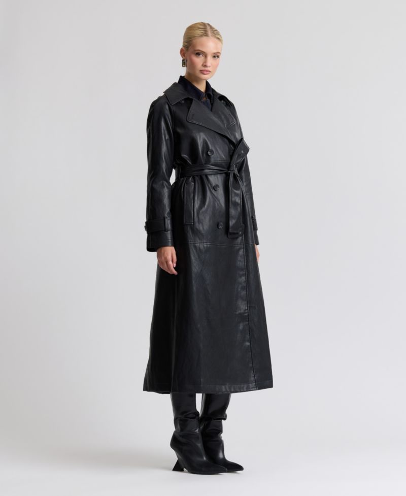 Women's Faux-Leather Belted Raglan-Sleeve Trench Coat