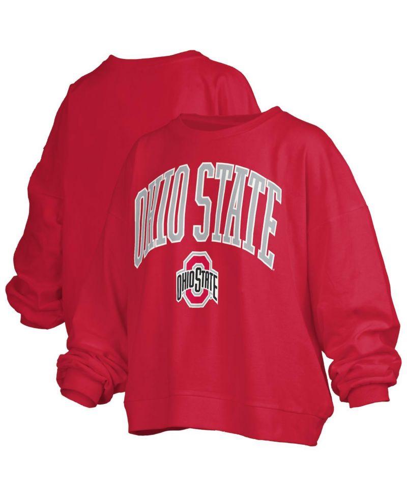 Women's Scarlet Ohio State Buckeyes Janise Arch Over Logo Waist Length Oversized Pullover Sweatshirt