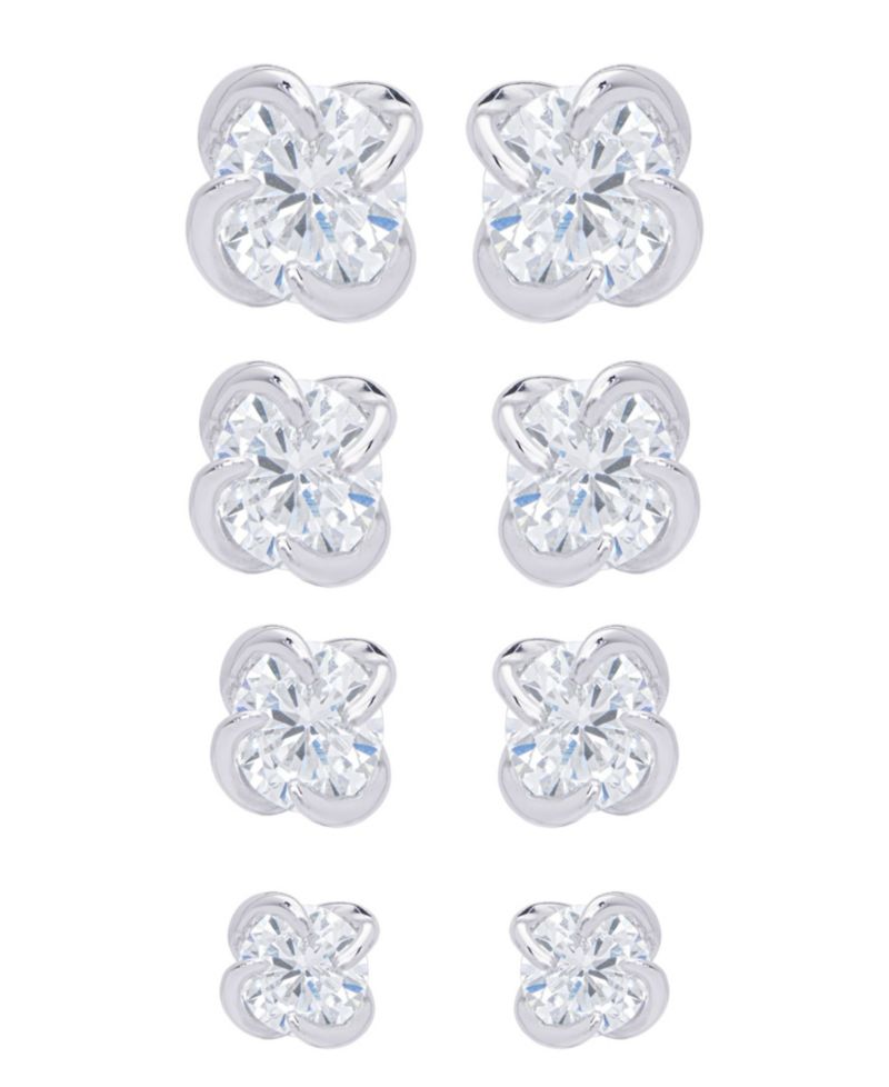 Multi-Color Round Stud Silver Plate Earrings, Set of 4
