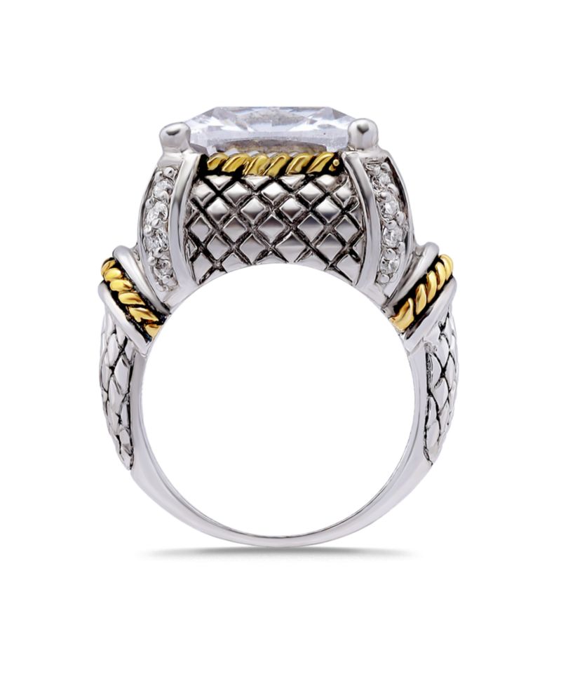 Two-Tone Cushion Cut Cubic Zirconia Oxidized Accents Statement Ring