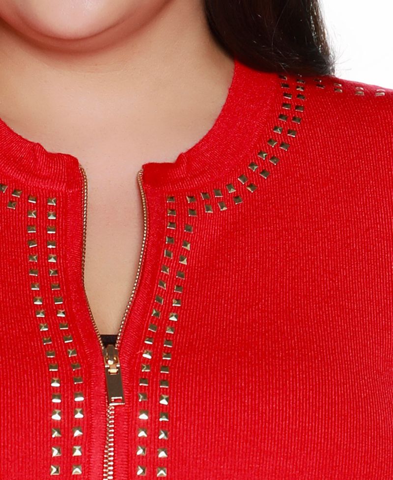 Black Label Plus Size Crewneck Embellished Zip Cardigan Sweater