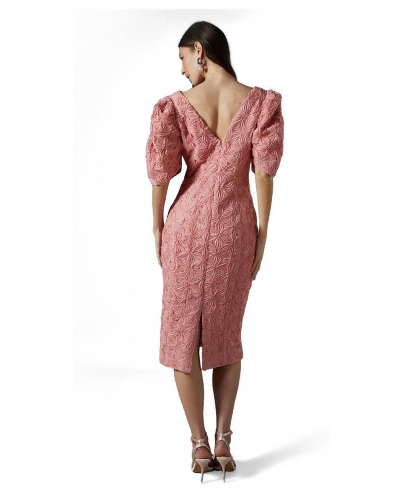 Women's Floral Pleated Puff Sleeve Pencil Dress