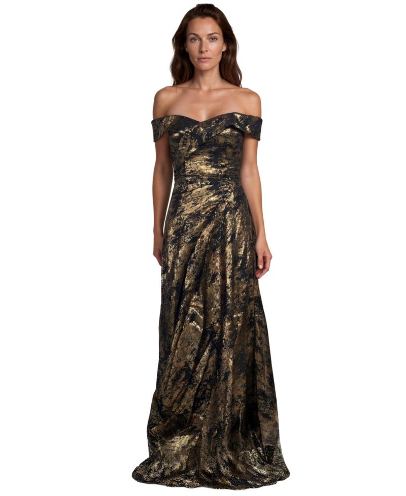 Women's Off-the-Shoulder Metallic Jacquard Draped Gown
