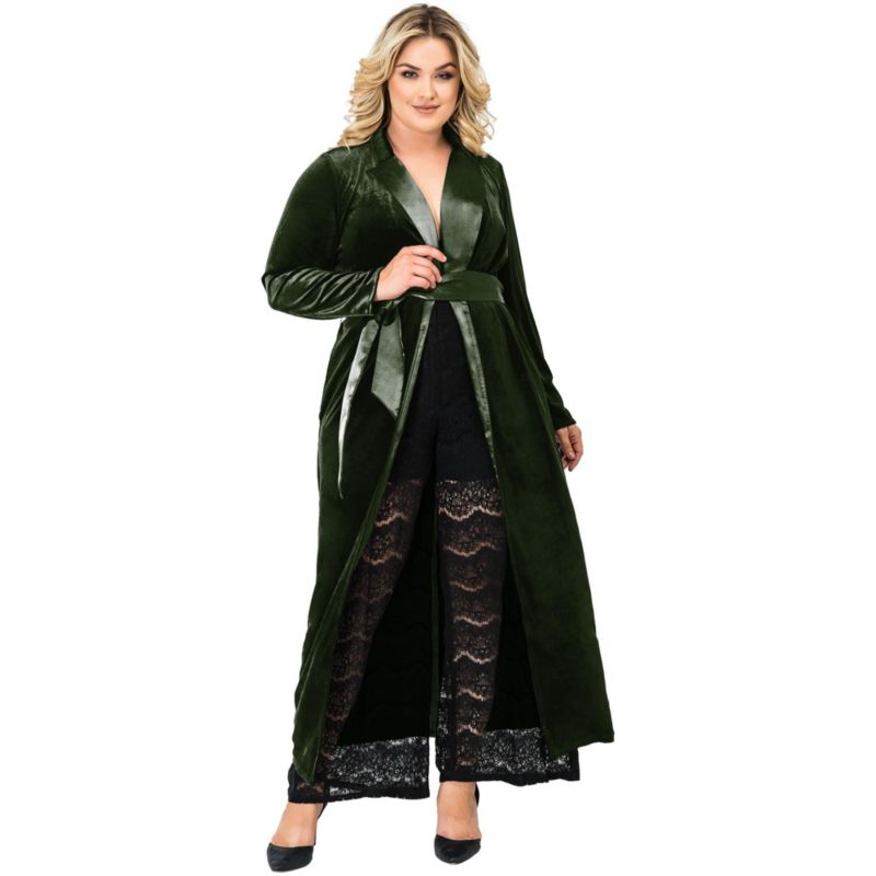Plus Size Velvet Wrap Satin Belt Long Coat