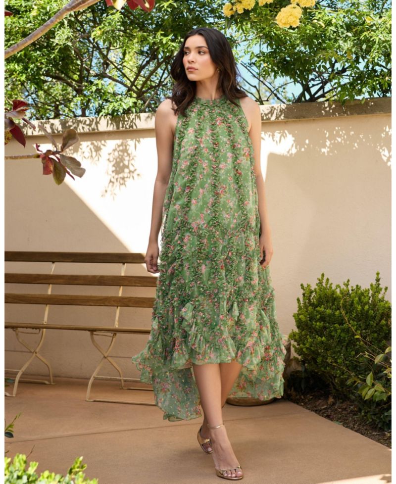 Women's Sleeveless Floral Chiffon Midi Dress with Ruffles