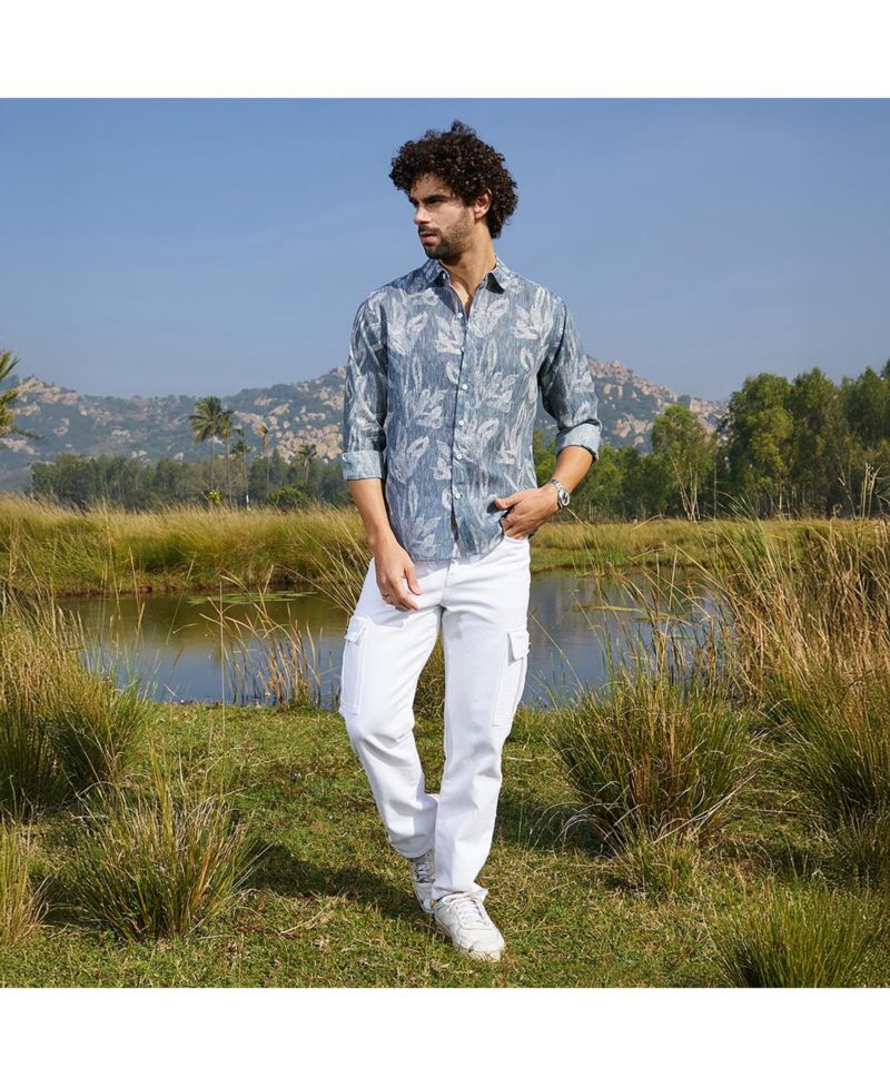 Men's Steel Blue Stroked-Petals Shirt