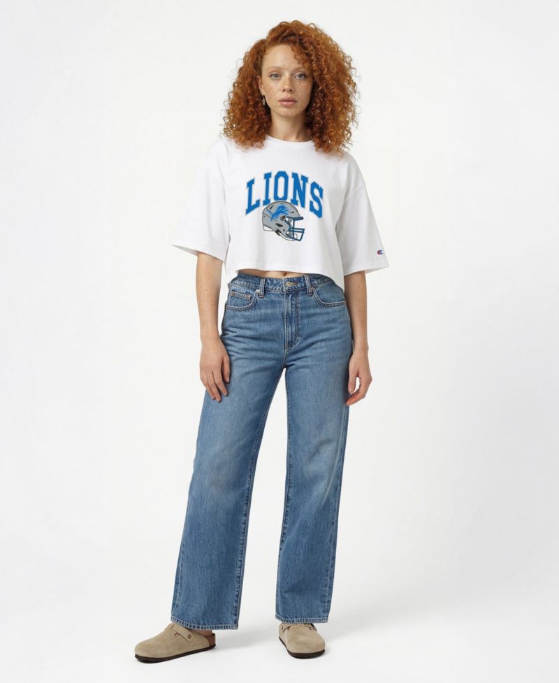 Women's White Detroit Lions Boyfriend Cropped T-Shirt