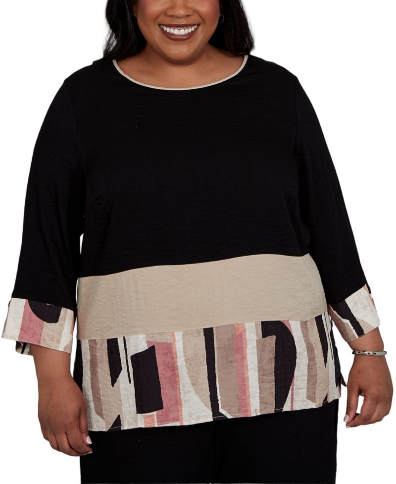 Plus Size Travel Advisory Spliced Patchwork 3/4-Sleeve Blouse