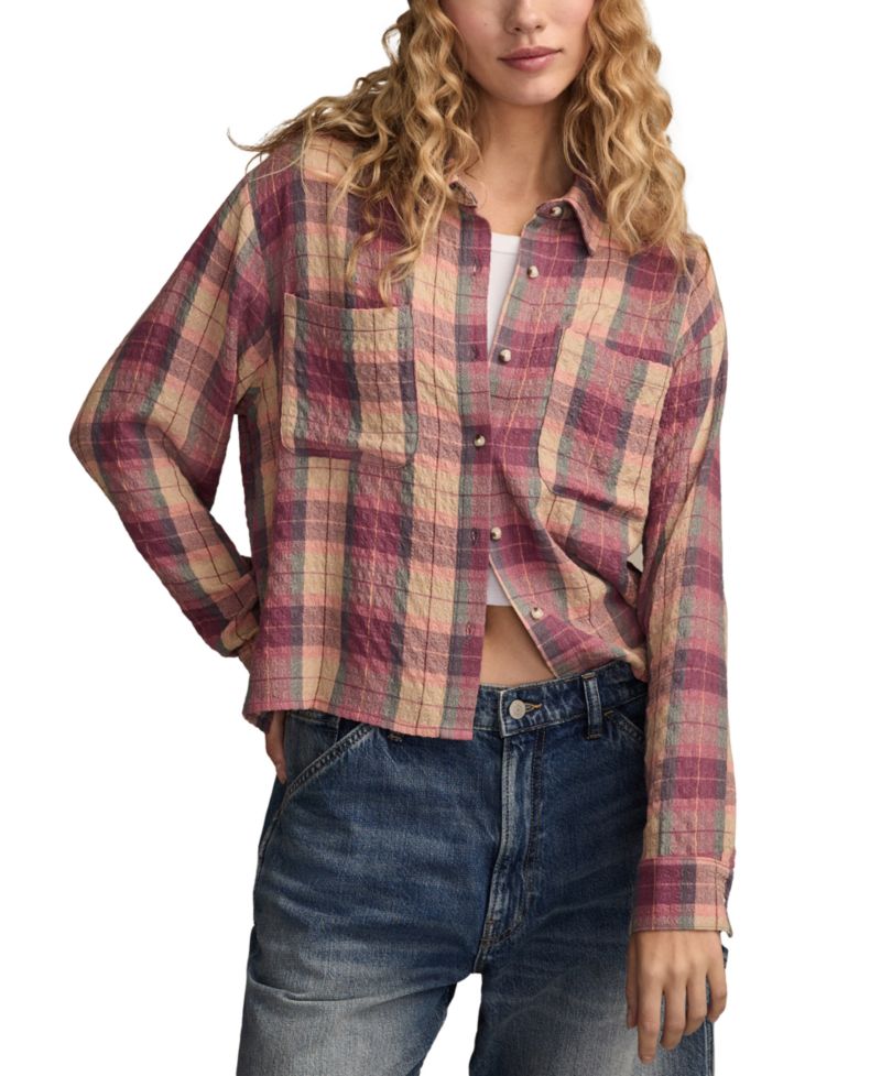 Women's Cropped Plaid Drapey Long-Sleeve Shirt