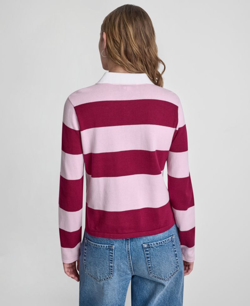 Women's Long-Sleeve Logo Charm Multi-Stripe Cotton Polo Sweater