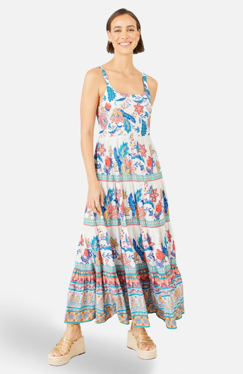 Women's Floral Block Print Tiered Maxi Sun Dress
