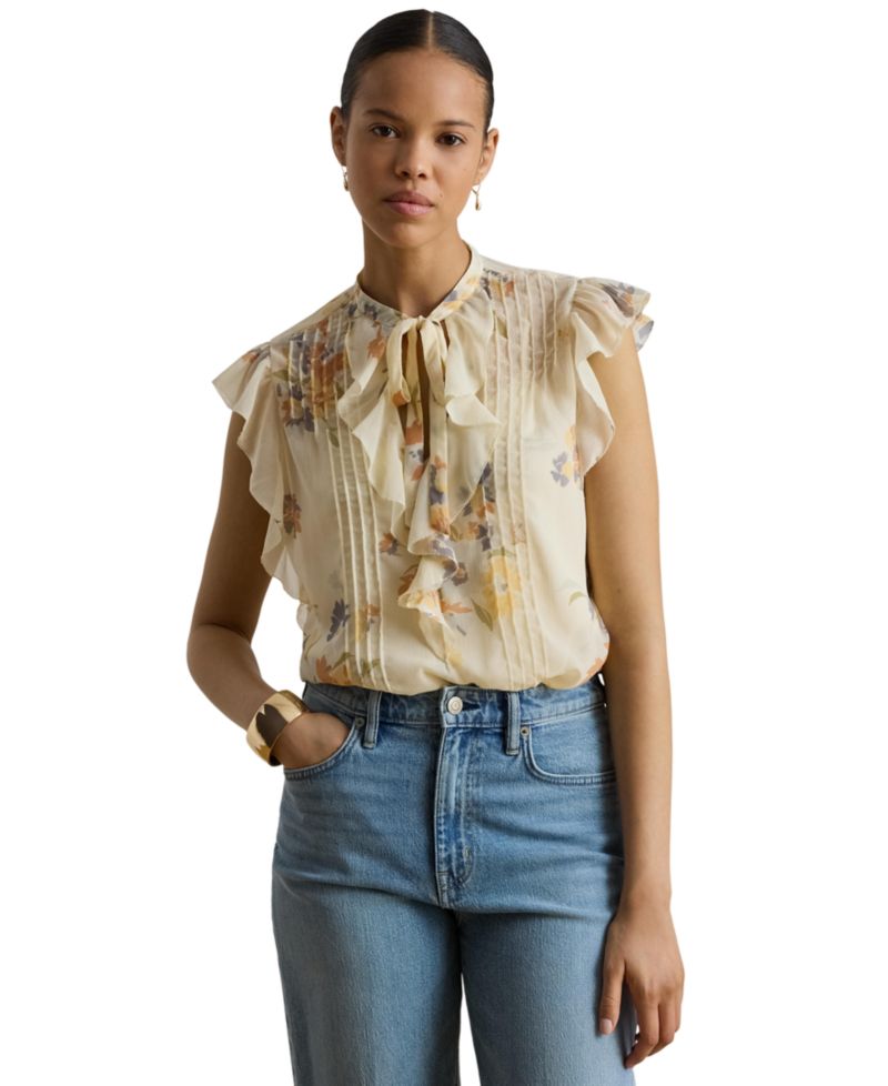 Women's Floral Pintucked Band Collar Tie-Neck Blouse