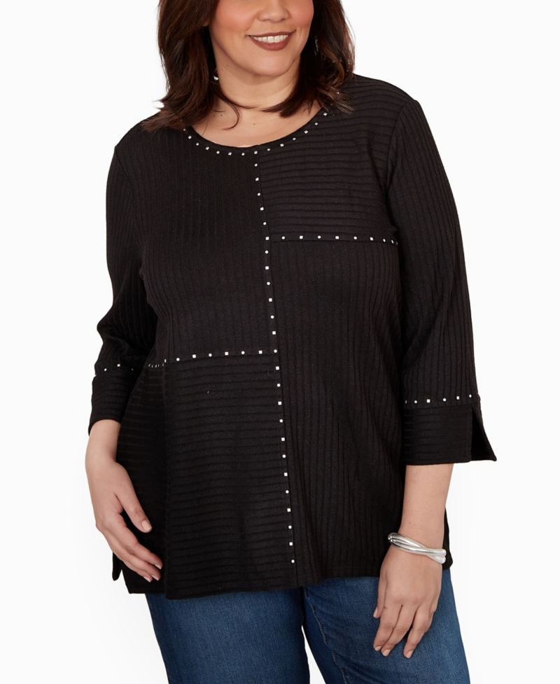 Plus Size Spliced Texture Metallic Studded Top