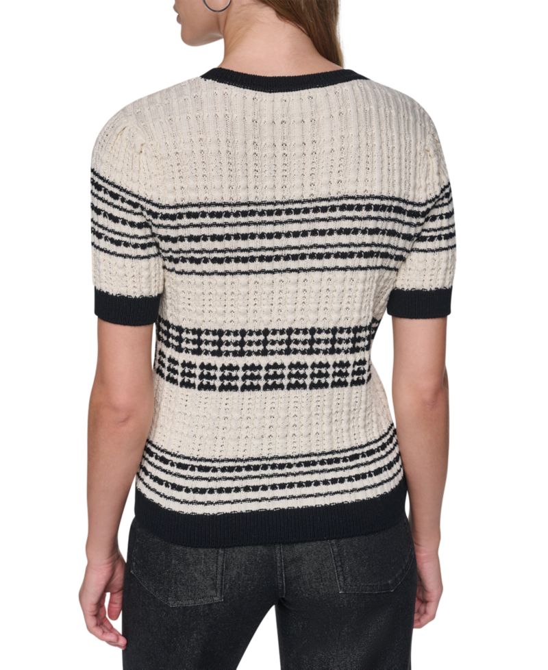 Women's Short-Sleeve Striped Crewneck Cotton Sweater