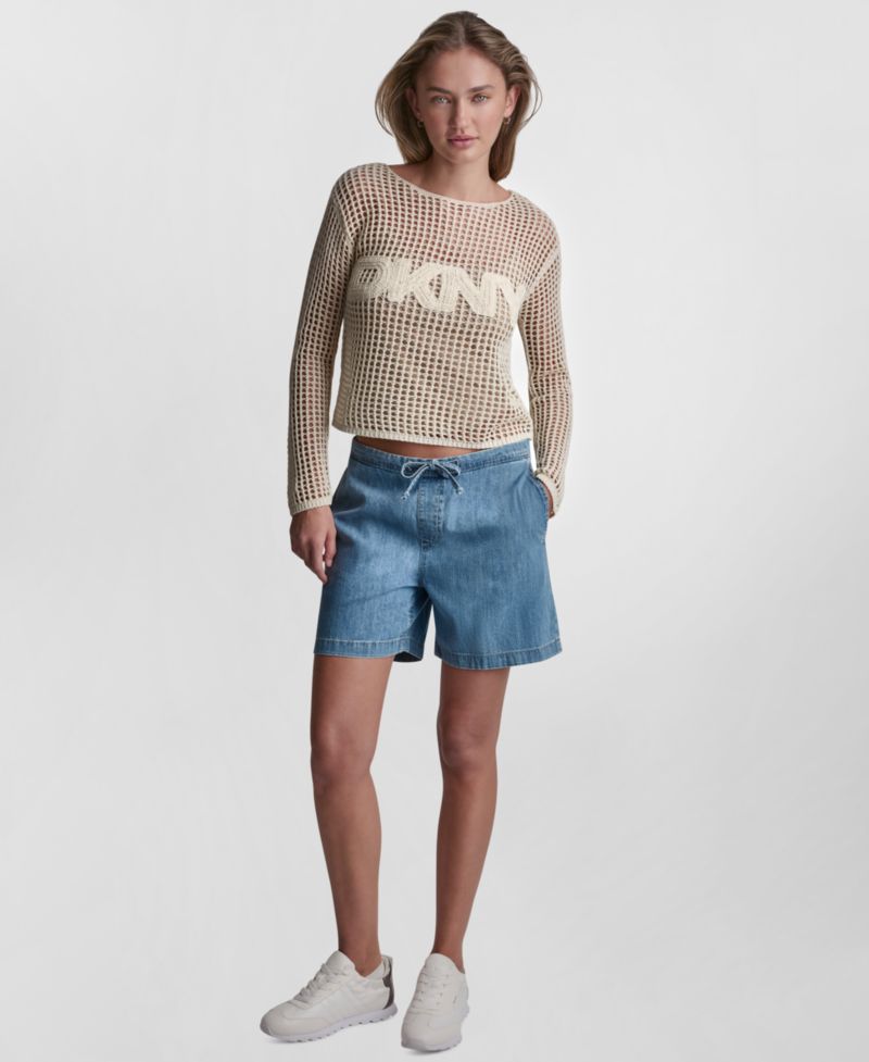 Petite Long-Sleeve Pointelle Crochet Open-Stitch Boat Neck Logo Sweater