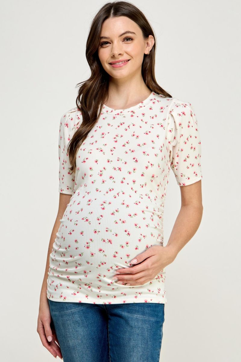 Maternity Floral Ribbed Ruched Puff-Sleeve Fitted Top