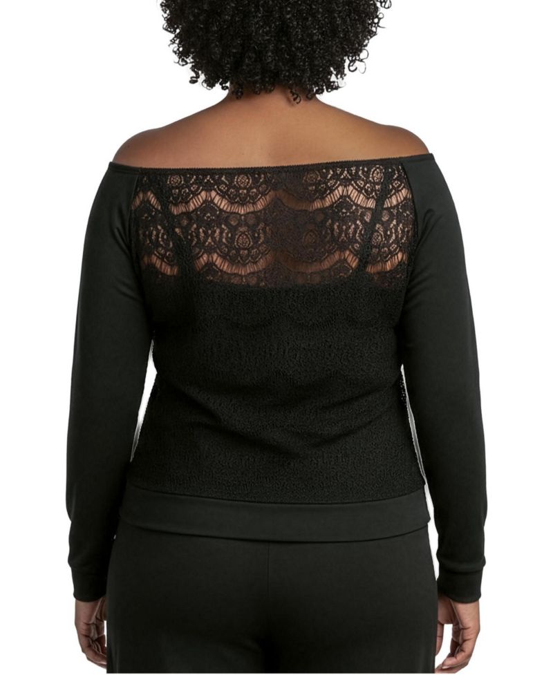 Plus Size Lace Ponte Boat Neck Blouse Tops