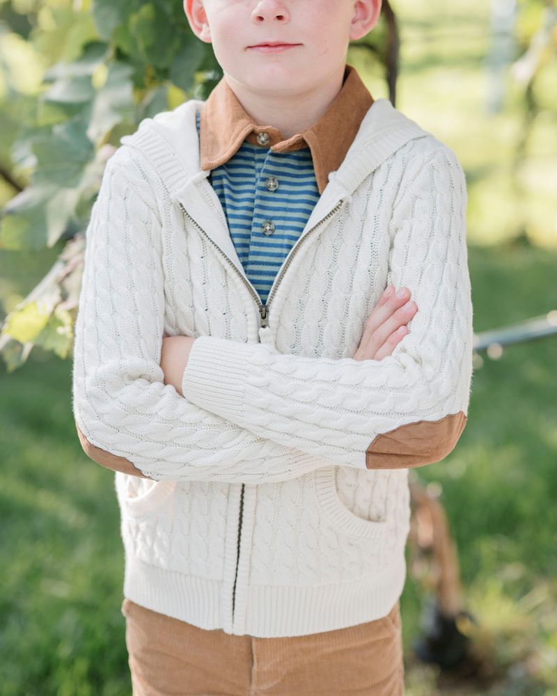Hope and Henry Boy's XXSmall to Xlarge Organic Long Sleeve Full Zip Hooded Sweater with Elbow Patches