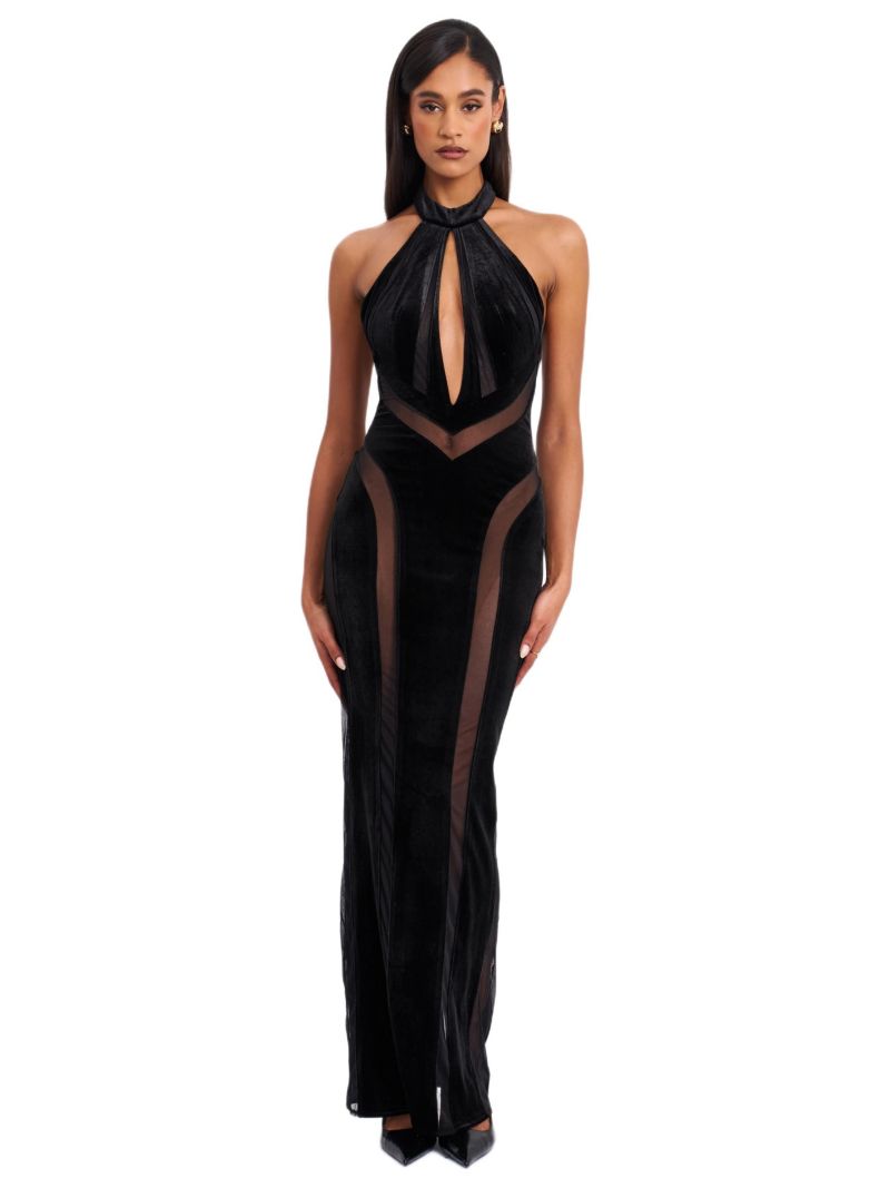 Women's Paityn Black Velvet Mesh Cutout Halter Gown