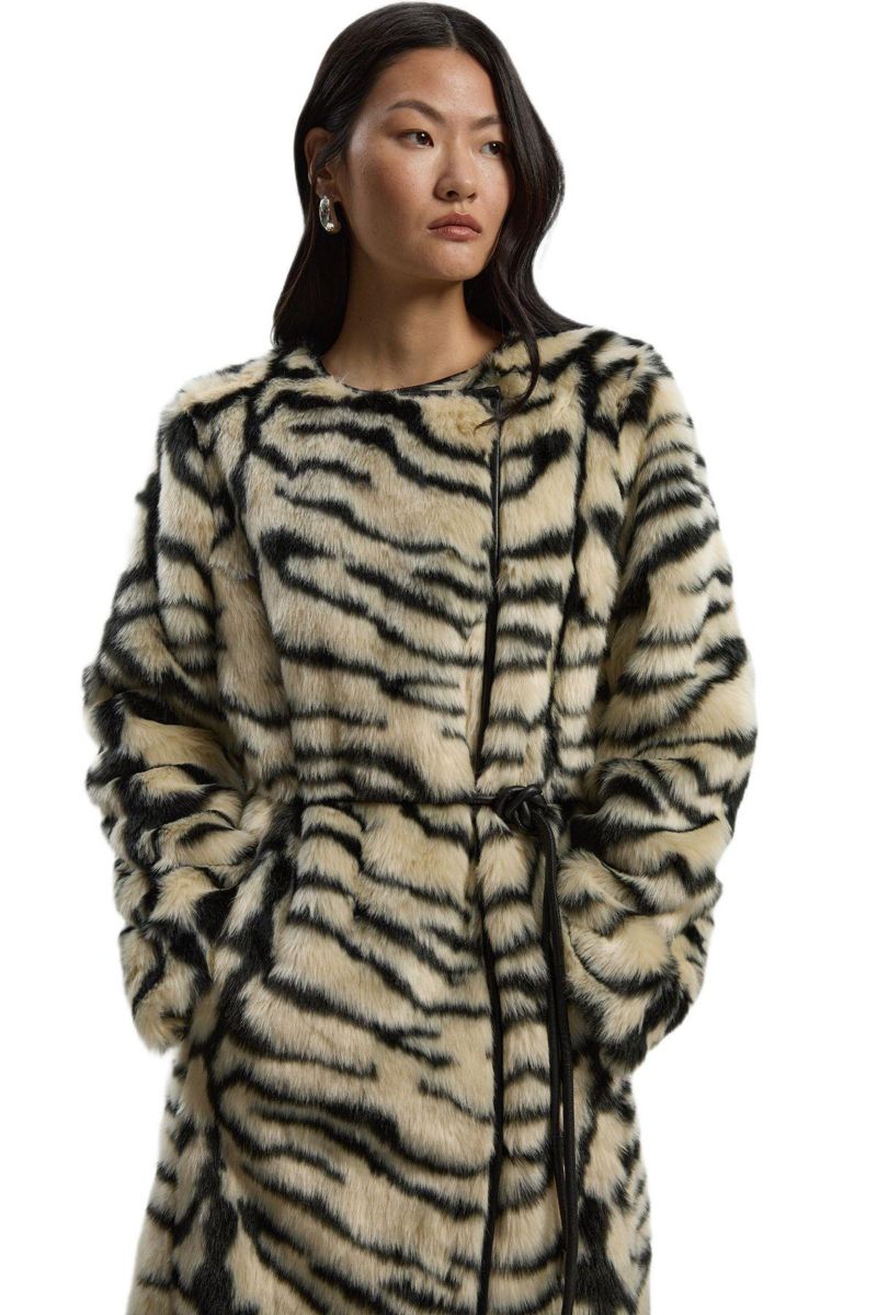 Women's Faux Fur Collarless Tie Belted Midi Coat