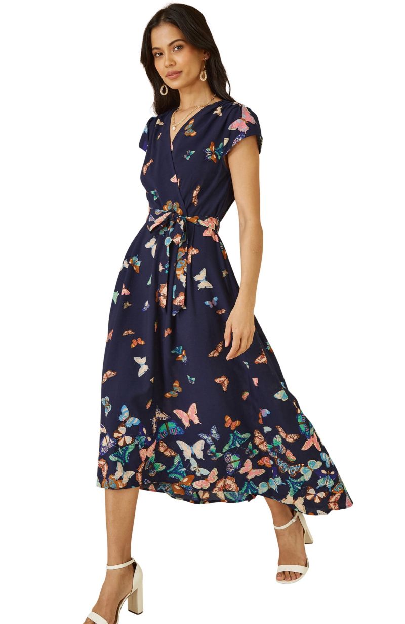 Women's Butterfly Print Dip Hem Midi Wrap Dress