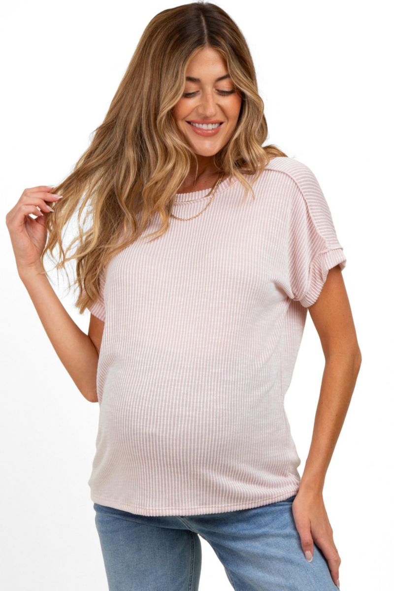 Women's Pink Ribbed Exposed Seam Short Sleeve Top