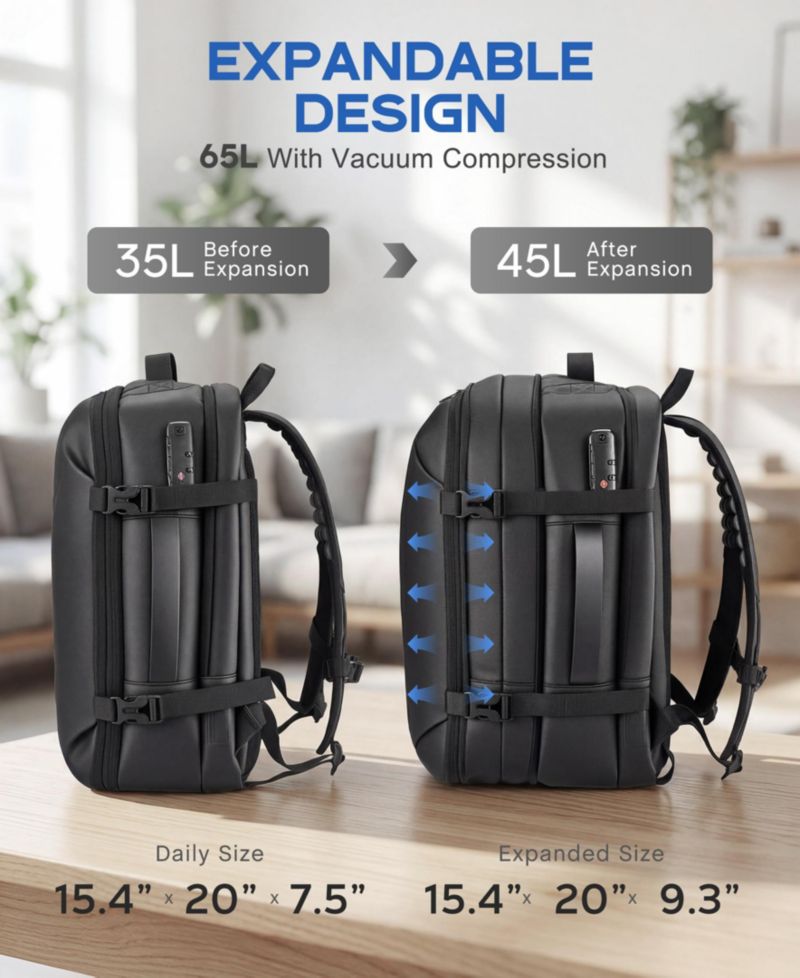 Expandable Travel Backpack with USB Charging Port, 20 to 30 Liters Carry On Backpack with Laptop Compartment, Water-Resistant Business Backpack