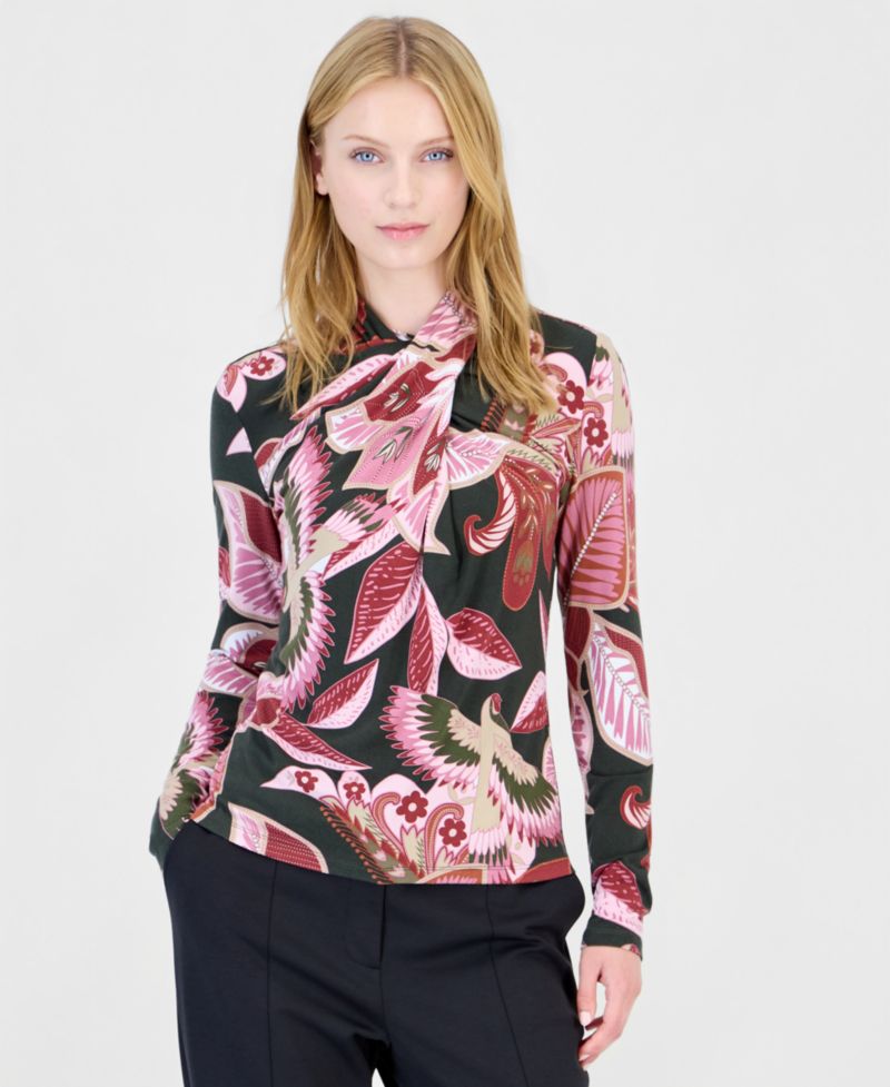 Women's Long-Sleeve Mock-Neck Floral-Print Blouse