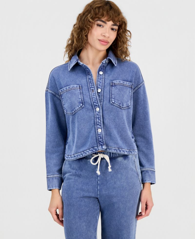 Petite Faux-Denim Knit Button-Front Shacket