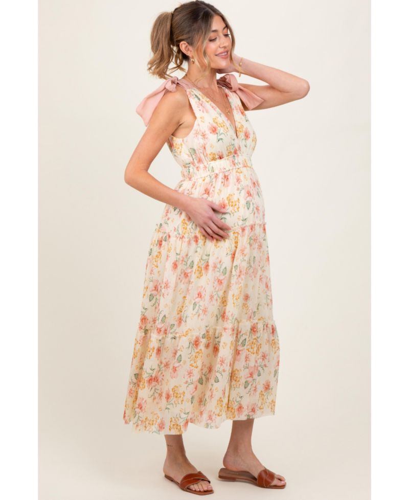 Women's Cream Floral Shoulder Tie Deep V-Neck Tiered Maxi Dress