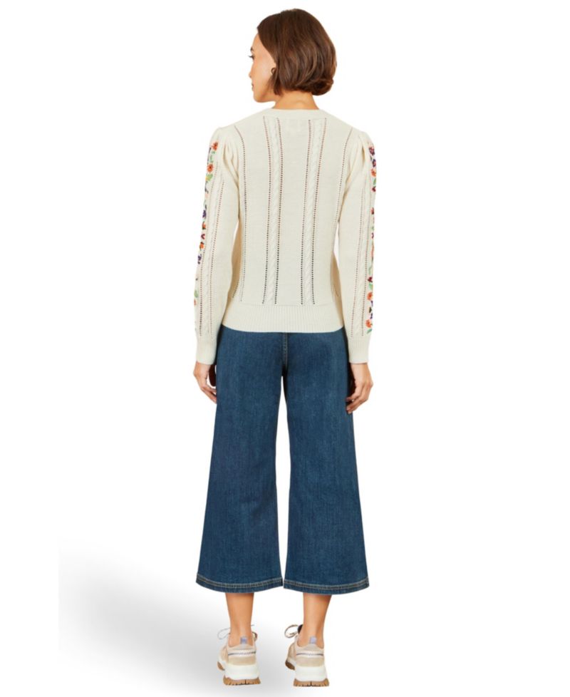 Women's Cable-Knit Floral-Embroidery Puff-Sleeve Crewneck Sweater
