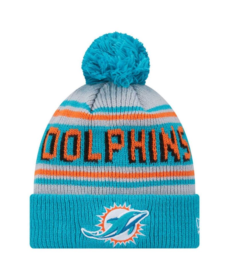 Big Boys and Girls Aqua Miami Dolphins Main Cuffed Knit Hat with Pom