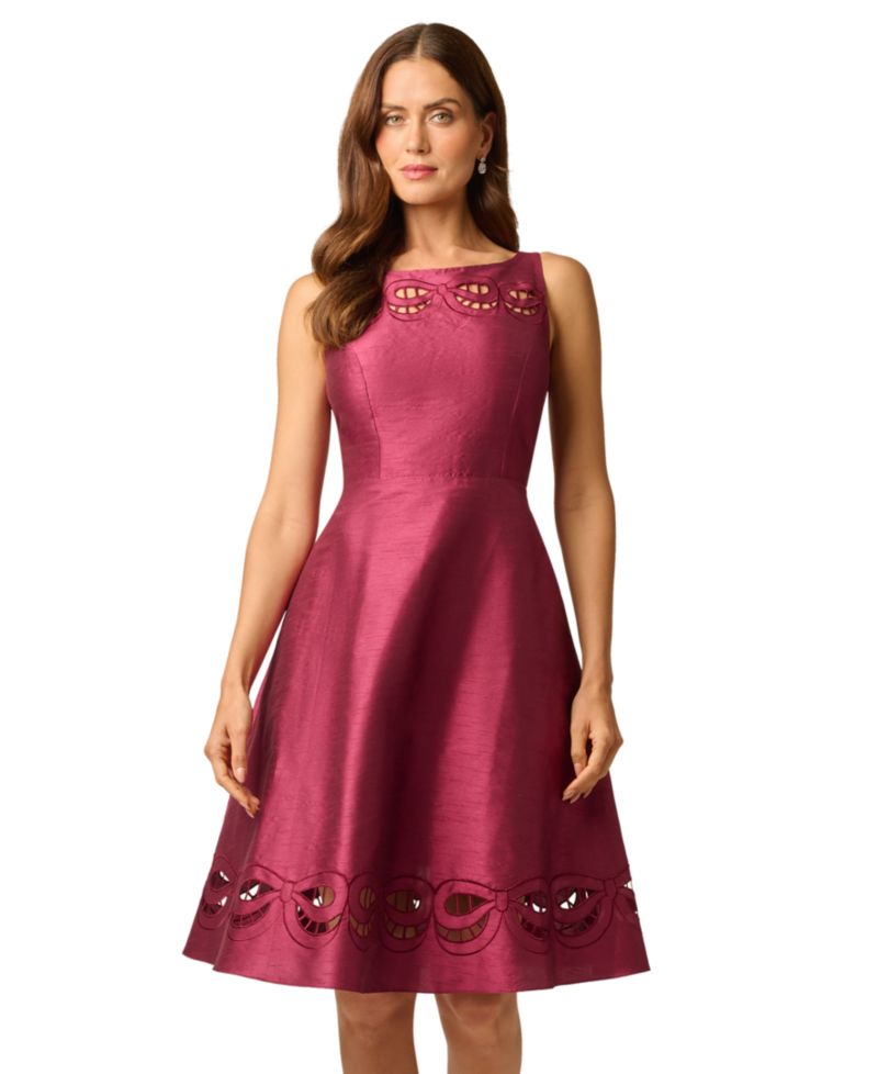Women's Cutout Dupioni Midi Boat Neck Dress