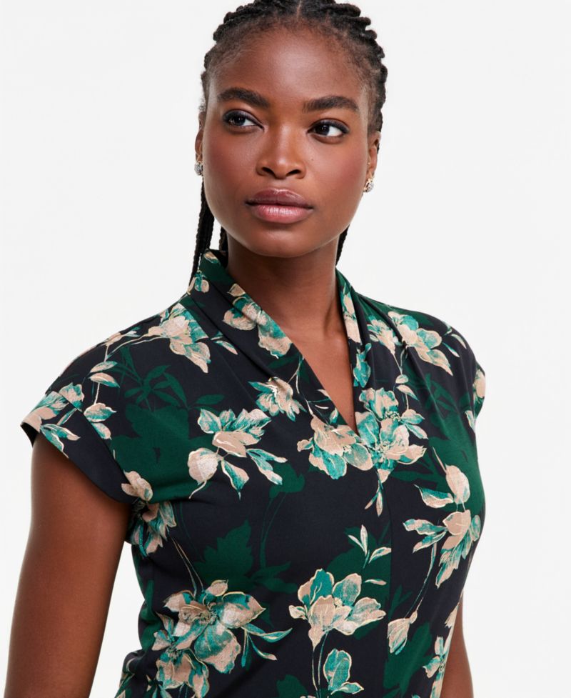 Women's Funnel-Neck Foil-Print Floral Cap-Sleeve Blouse