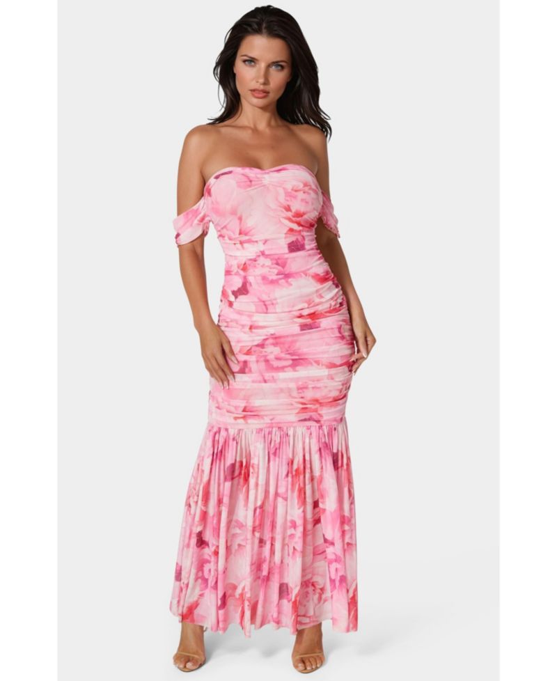 Women's Off Shoulder Ruched Mesh Gown