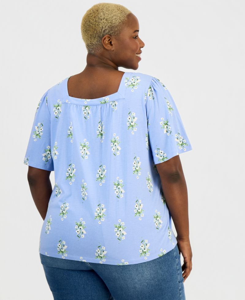 Plus Size Short Flutter-Sleeve Square-Neck Knit Top