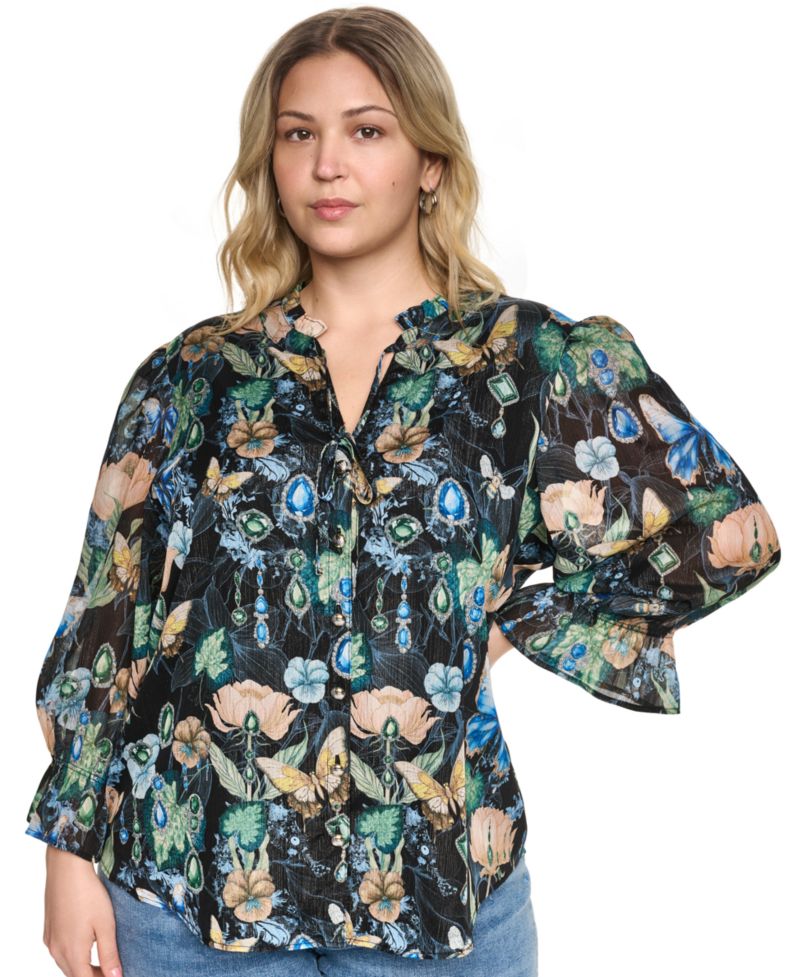 Plus Size Printed Collared Long-Sleeve Top