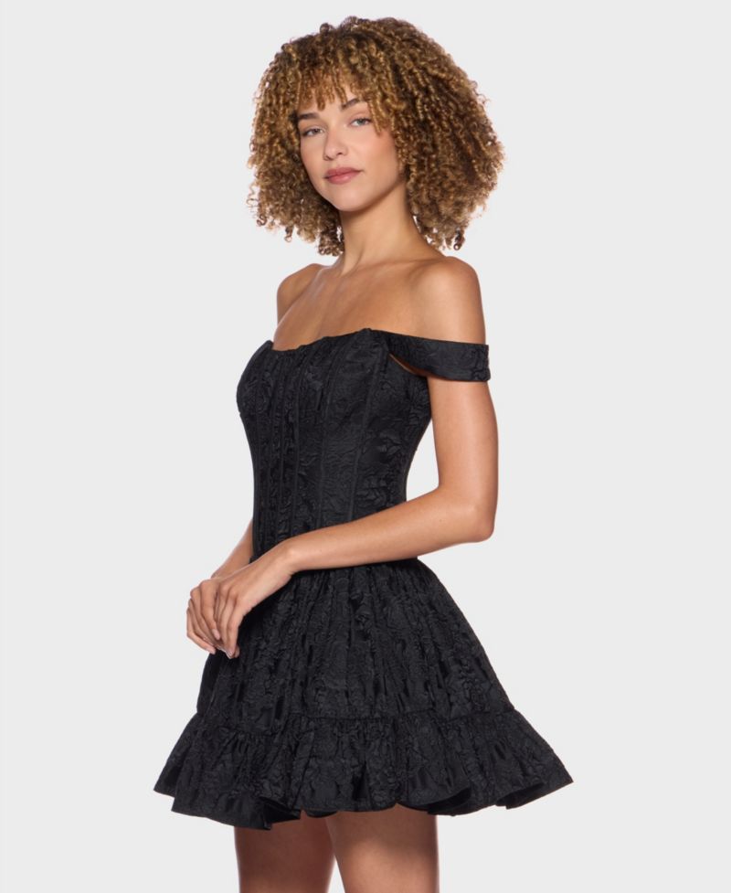 Juniors' Off-The-Shoulder Corset Bodice Jacquard Dress