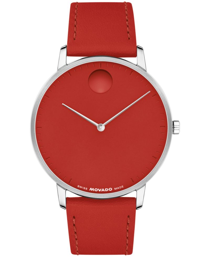 Unisex Face Swiss Quartz Red Leather Watch, 41mm