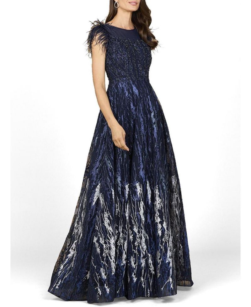 Women's Lace ballgown with Feather Cap Sleeves