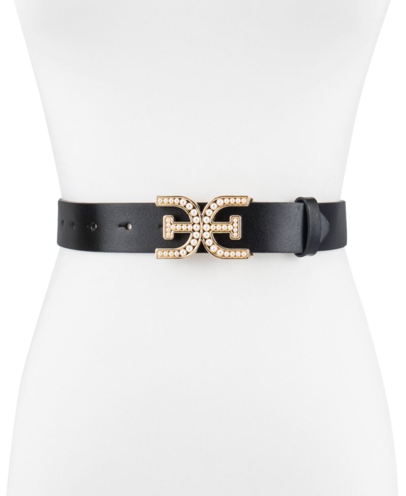 Women's Imitated Pearl Embellished Double-E Plaque Buckle Belt