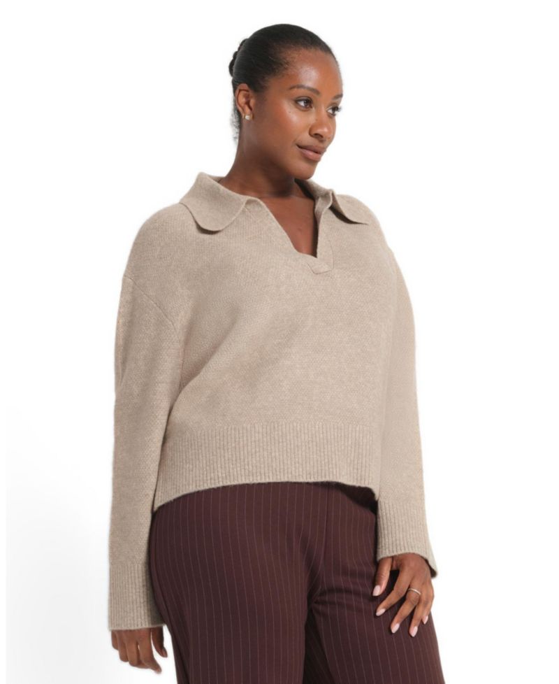 Plus Size Nellie Relaxed-Fit Collared V-Neck Acrylic/Wool-Blend Sweater