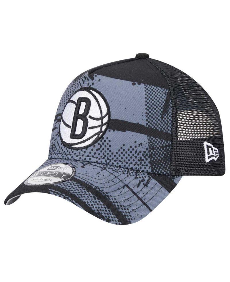 Men's Black/Charcoal Brooklyn Nets Tip Off A-Frame Trucker 9FORTY Adjustable Hat