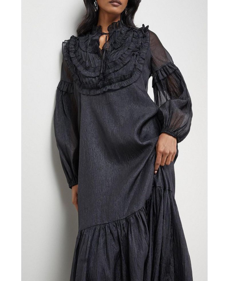 Women's Crinkle Stripe Frill Midi Dress