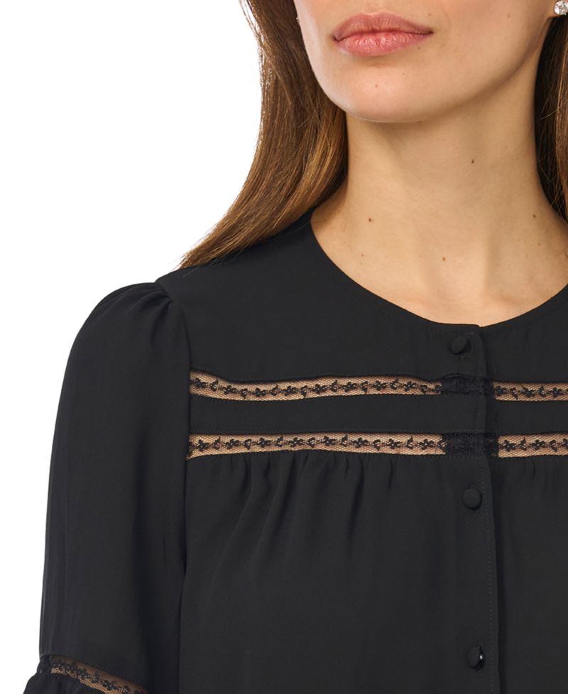 Women's Ruffle-Sleeve Horizontal Lace Insets Top
