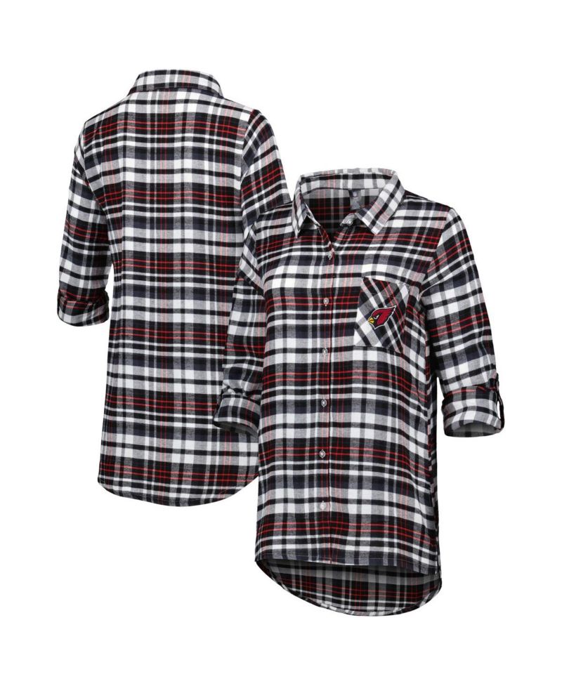 Women's Black/Cardinal Arizona Cardinals Mainstay Plaid Full-Button Long Sleeve Nightshirt