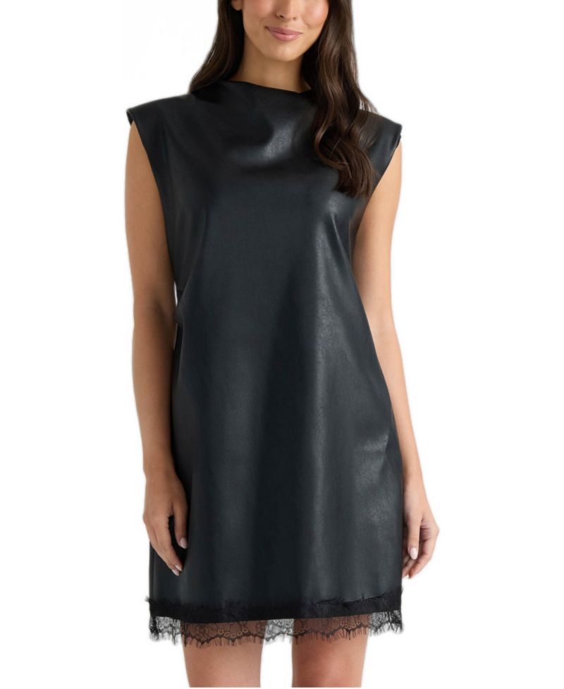 Women's Padded-Shoulder High-Neckline Lace-Trim Short Dress