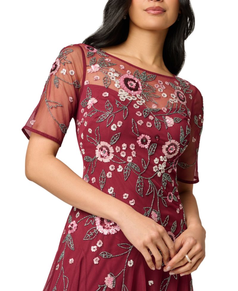 Petite Beaded Mesh Bateau Neck Ankle Dress